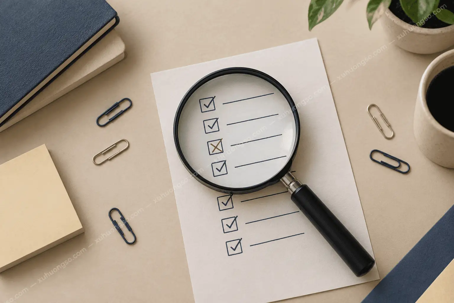 Kính lúp soi checklist minh hoạ việc kiểm tra lý do mất hoa hồng affiliate